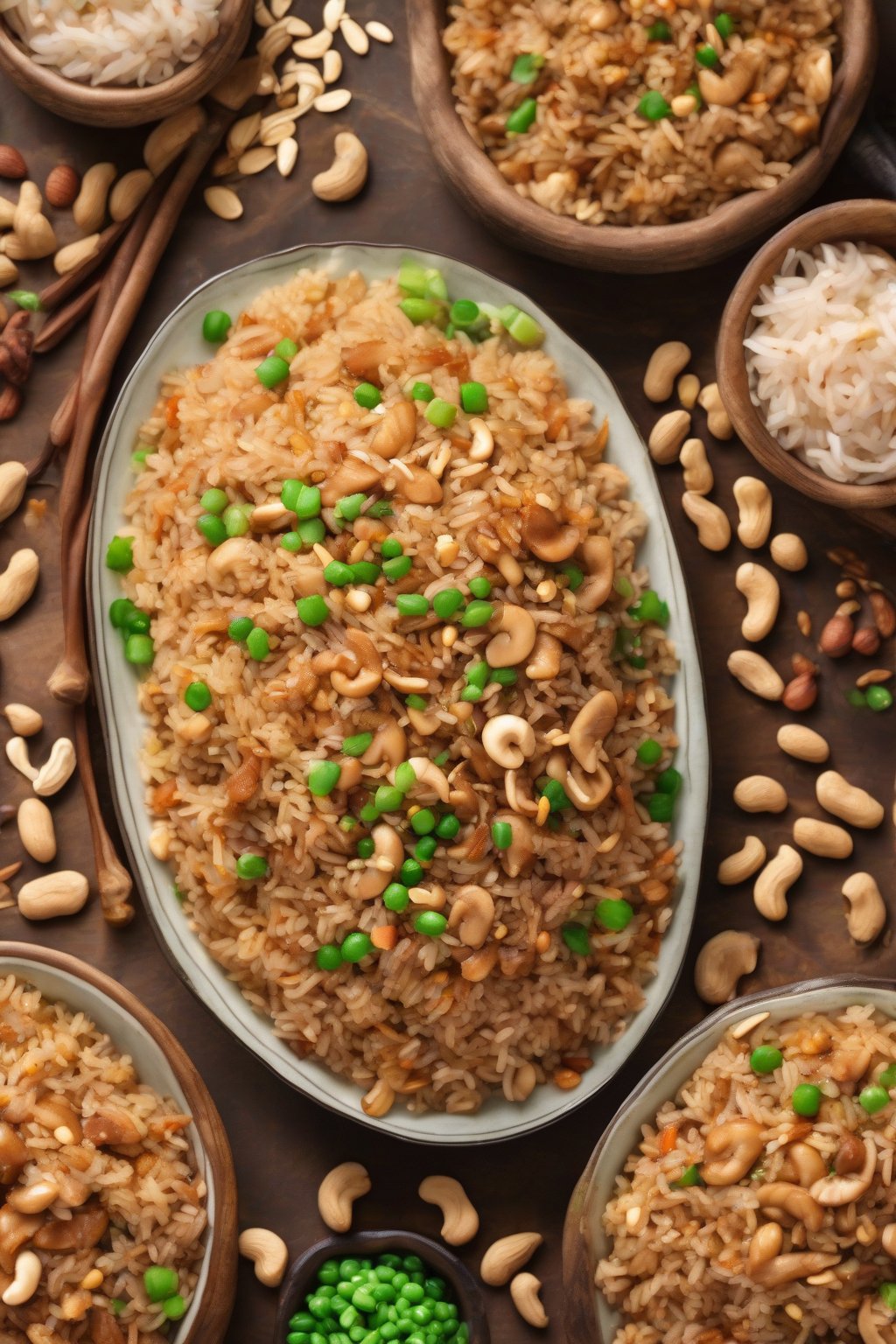 A high-resolution photo of glossy peanut fried rice with nutty swirls under soft lighting.