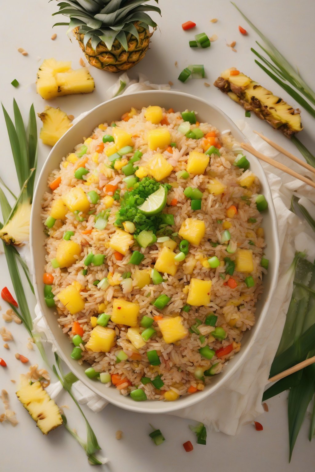 A high-resolution photo of pineapple fried rice with juicy golden chunks under soft lighting.