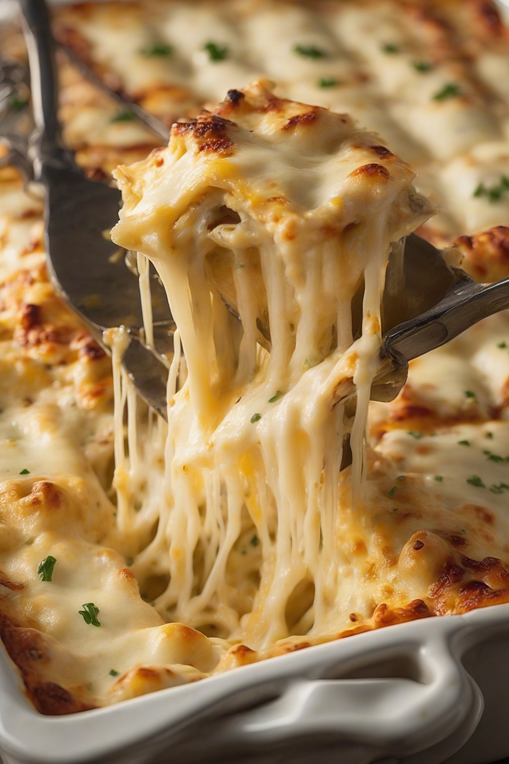 A high-resolution close-up photo of cheesy garlic chicken lasagna, strings of molten cheese stretching from thick garlic-infused layers, under soft lighting.