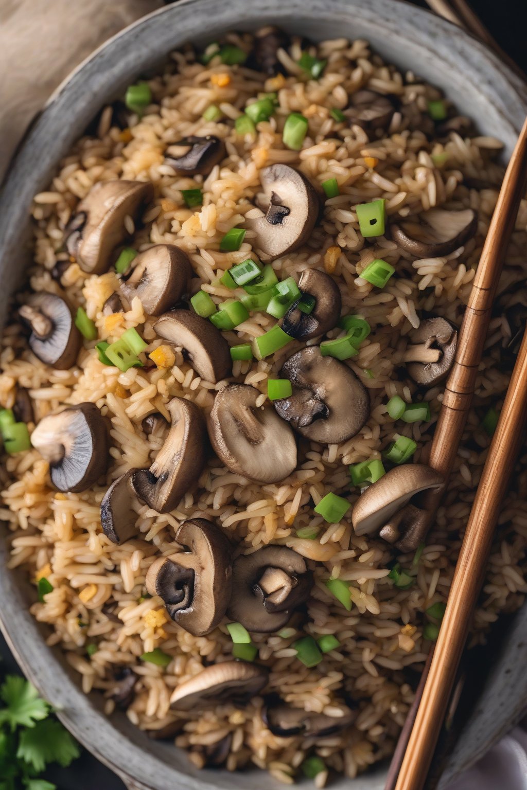 A high-resolution photo of mushroom fried rice with dark, savory slices under soft lighting.