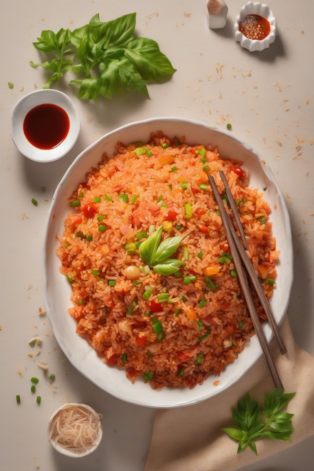 A high-resolution photo of vibrant tomato fried rice with red sauce flecks under soft lighting.