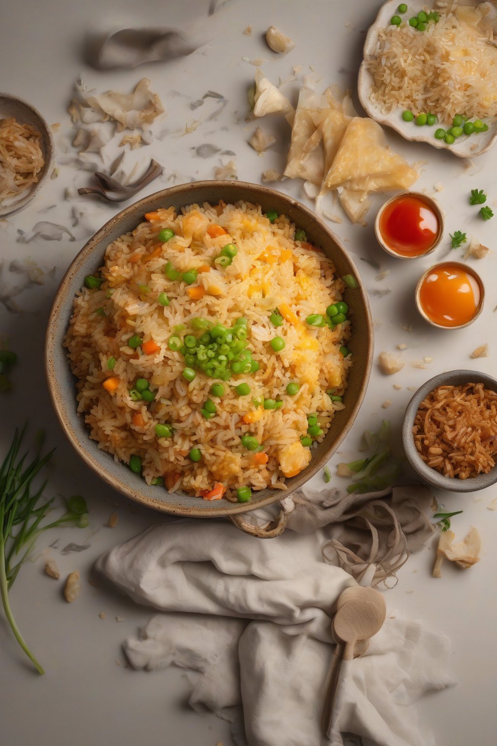 A high-resolution photo of cheesy fried rice with molten golden pulls under soft lighting.