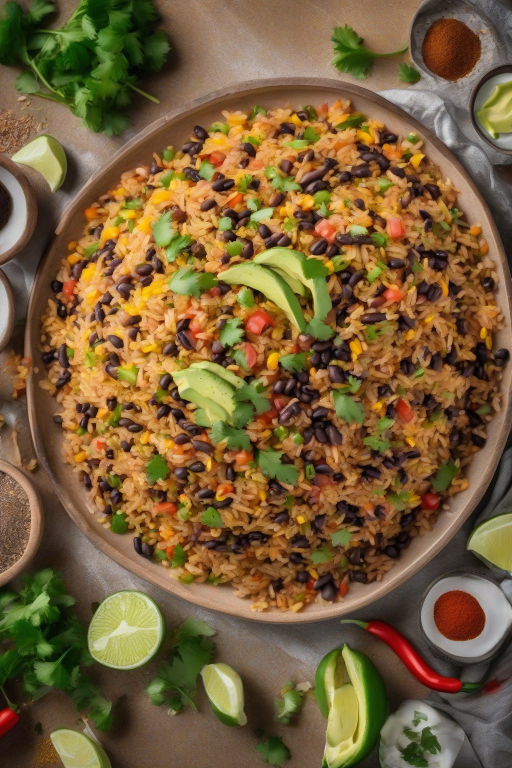 A high-resolution photo of Mexican fried rice with black beans and spice dust under soft lighting.