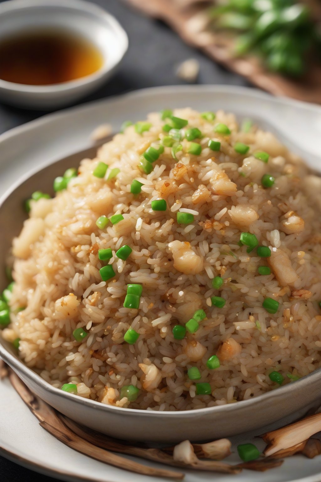 A high-resolution photo of sesame ginger fried rice glistening with oil under soft lighting.