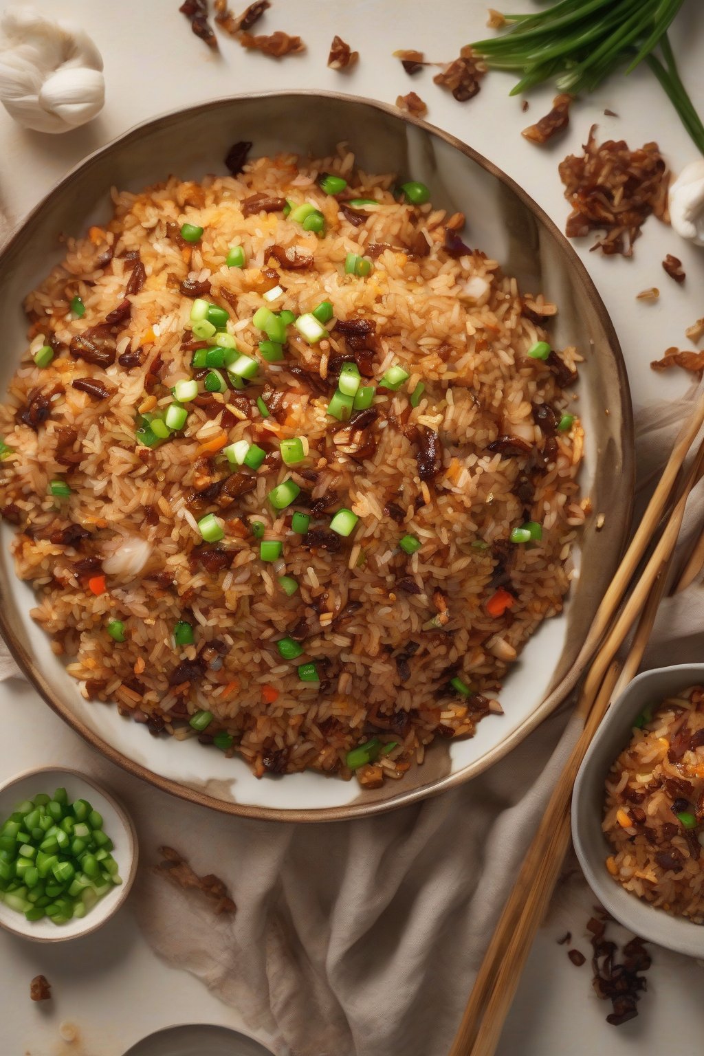 A high-resolution photo of smoky BBQ fried rice with caramelized bits under soft lighting.
