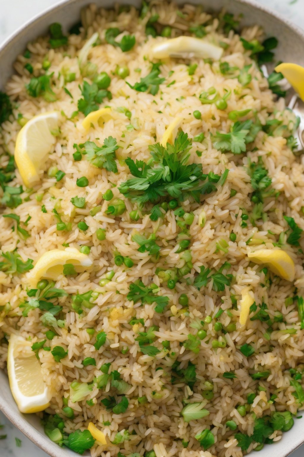 A high-resolution photo of bright lemon herb fried rice with green flecks under soft lighting.