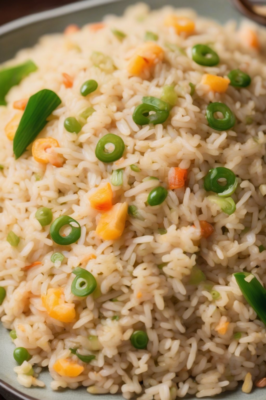 A high-resolution photo of creamy coconut fried rice with tropical sheen under soft lighting.