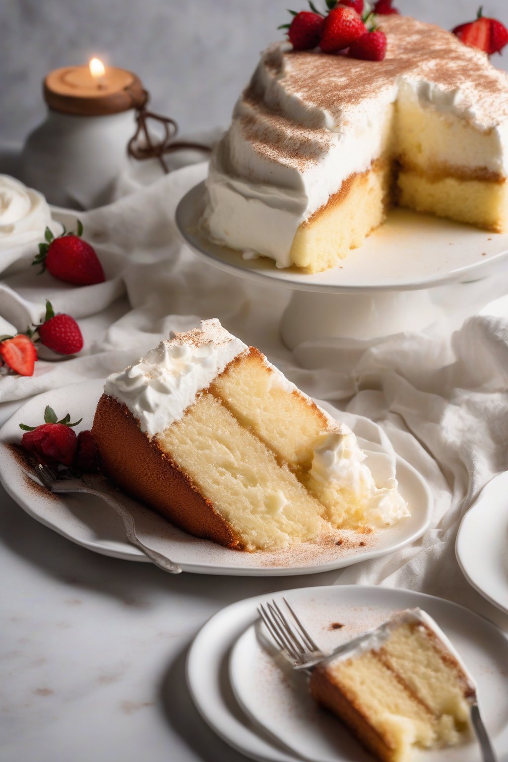 A high-resolution photo of a sliced classic tres leches cake revealing the milky layers, topped with fresh whipped cream and a dusting of cinnamon, under soft lighting.
