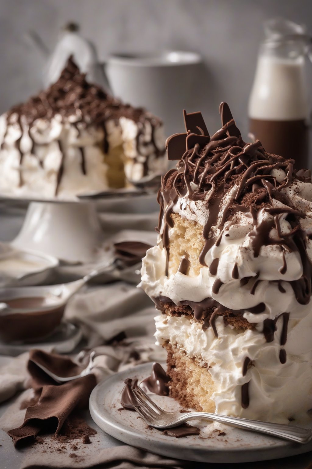 A high-resolution photo of chocolate tres leches cake with glossy milk soak visible in the cut, garnished with chocolate curls and whipped cream, under soft lighting.