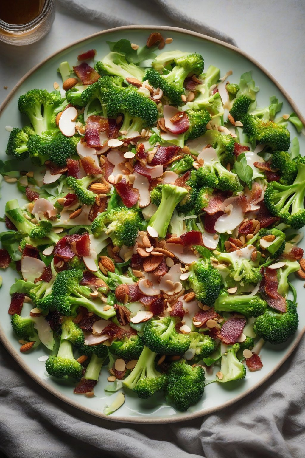 A high-resolution photo of tangy vinegar bacon broccoli salad with almonds and shiny dressing, on a salad plate, under soft lighting.