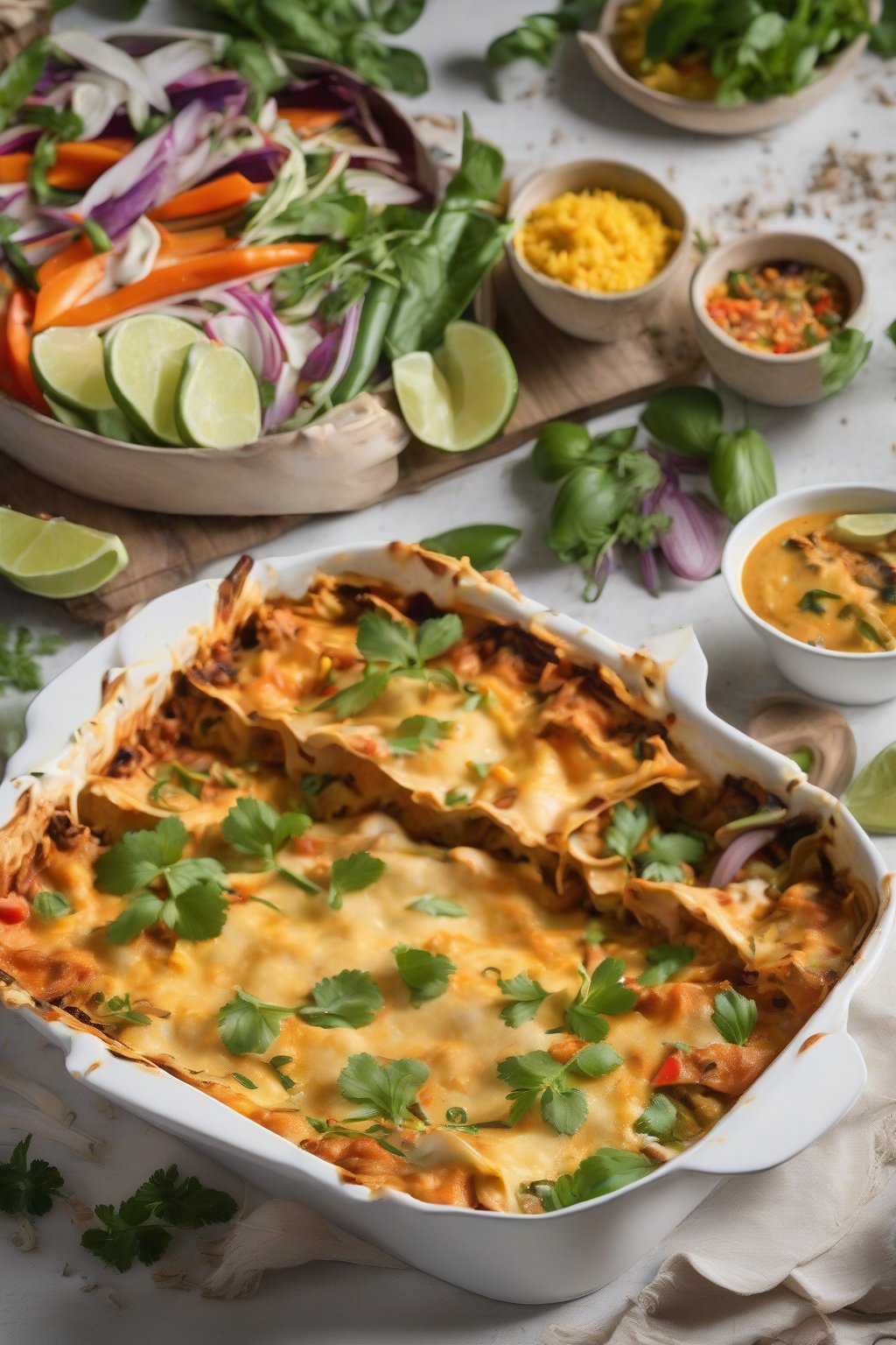 A high-resolution close-up photo of Thai-inspired chicken lasagna, aromatic coconut curry layers with vibrant veggies and herbs, under soft lighting.