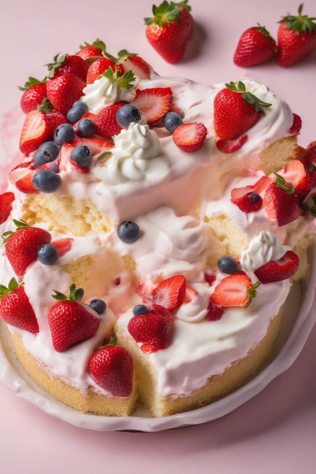 A high-resolution photo of strawberry tres leches cake topped with juicy berries and cream, cross-section showing pink milky infusion, under soft lighting.