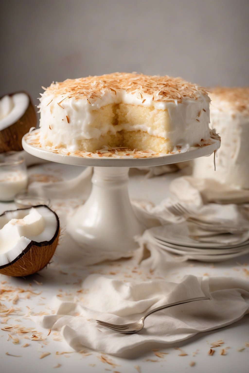 A high-resolution photo of coconut tres leches cake sprinkled with toasted coconut, slice dripping with creamy white soak, under soft lighting.