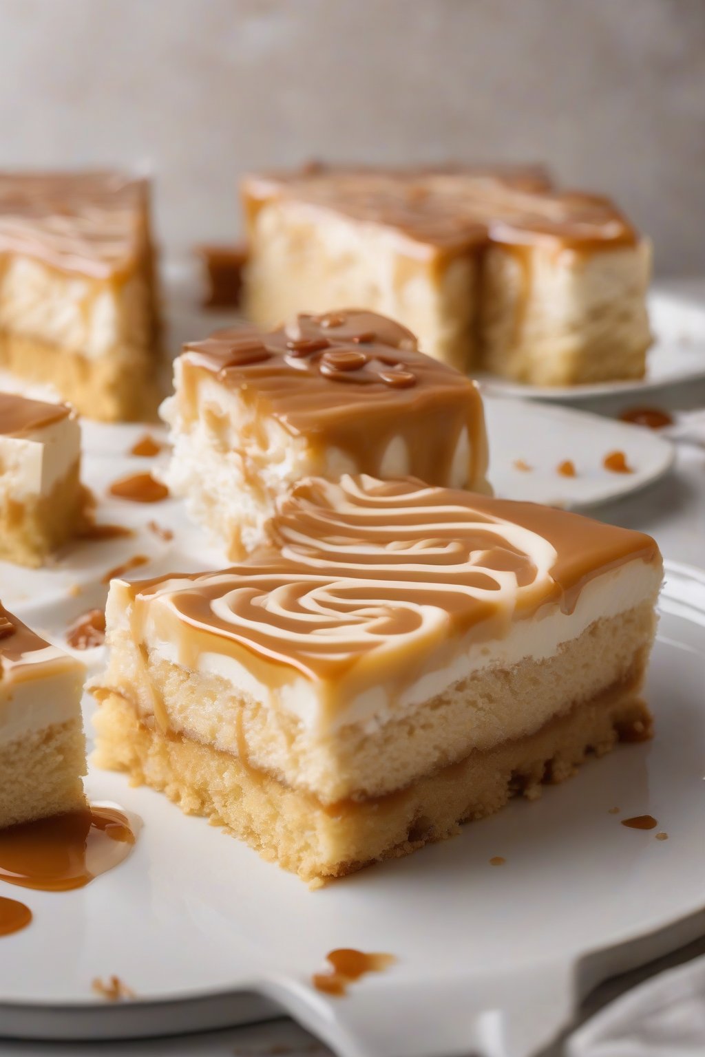 A high-resolution photo of dulce de leche tres leches cake with caramel swirls and flaky salt, oozing milky caramel in the slice, under soft lighting.