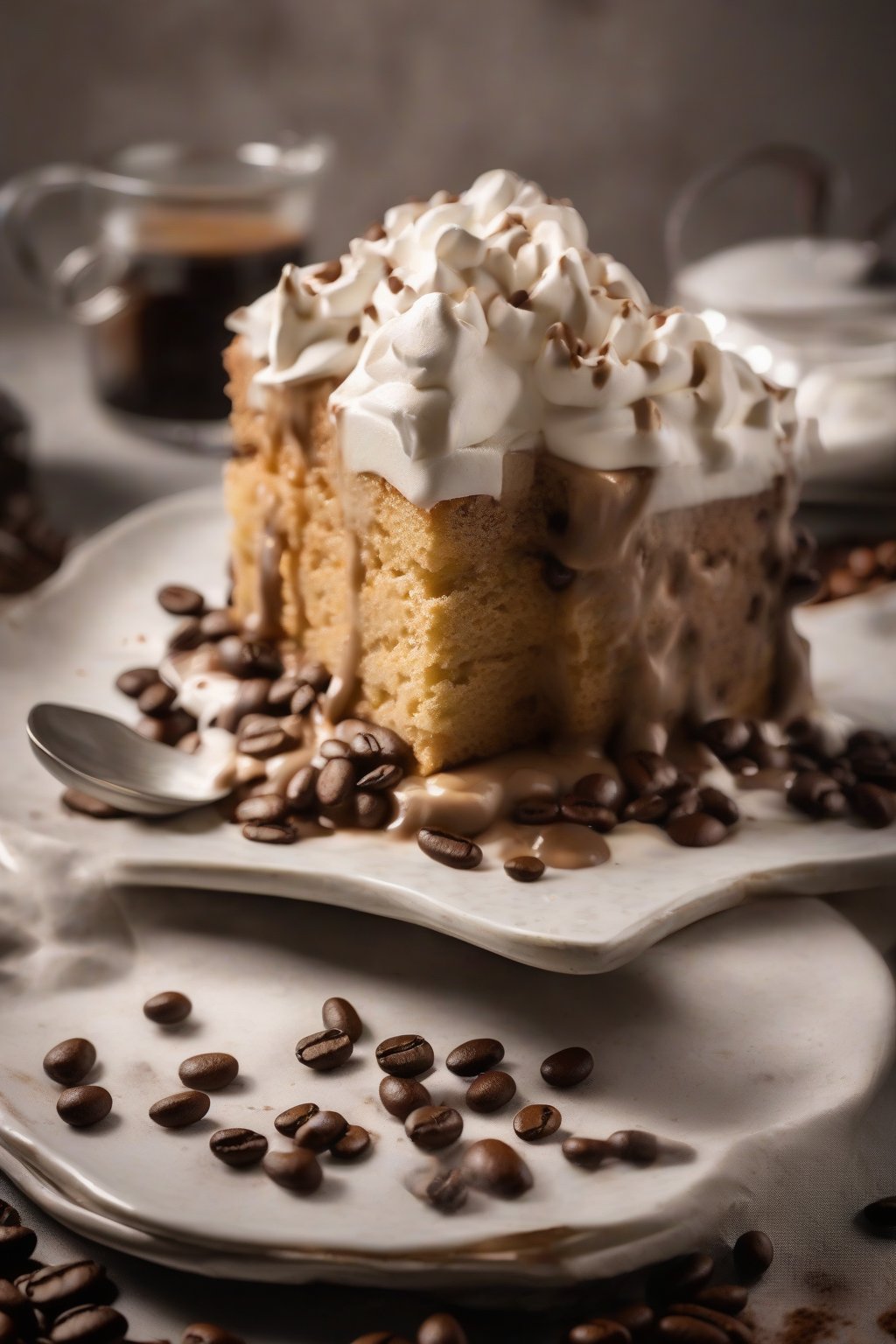 A high-resolution photo of coffee tres leches cake with coffee beans and whipped topping, dark milky soak visible in cut, under soft lighting.