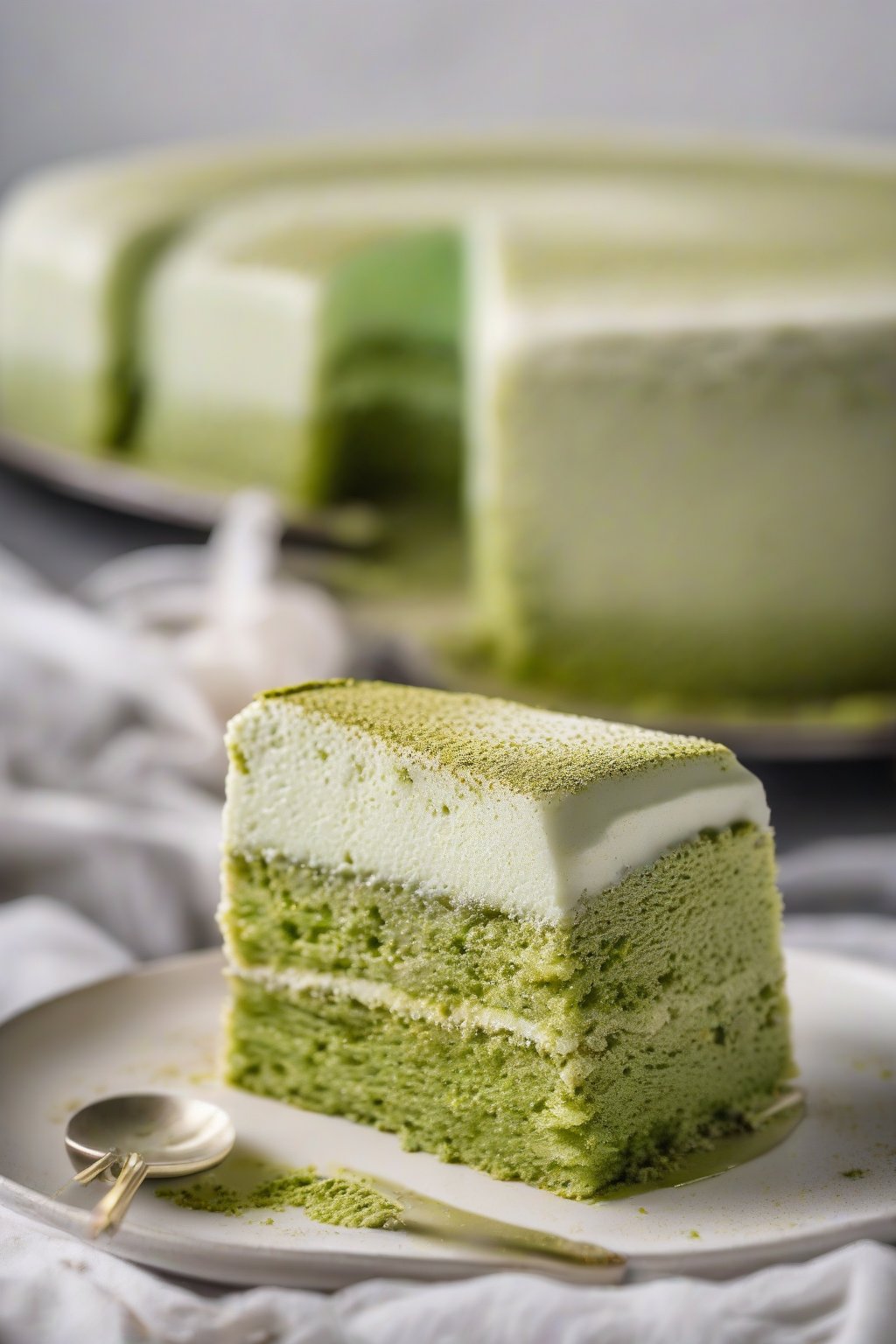 A high-resolution photo of matcha tres leches cake with green powder dusting and creamy layers, fresh slice showing soak, under soft lighting.