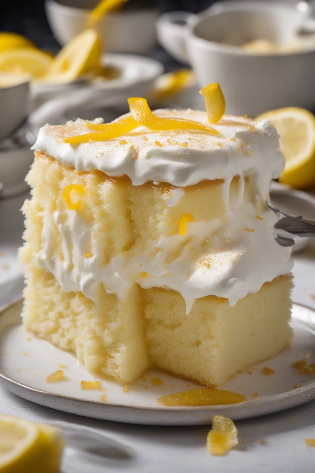 A high-resolution photo of lemon tres leches cake garnished with candied peels, bright yellow soak peeking through whipped cream, under soft lighting.