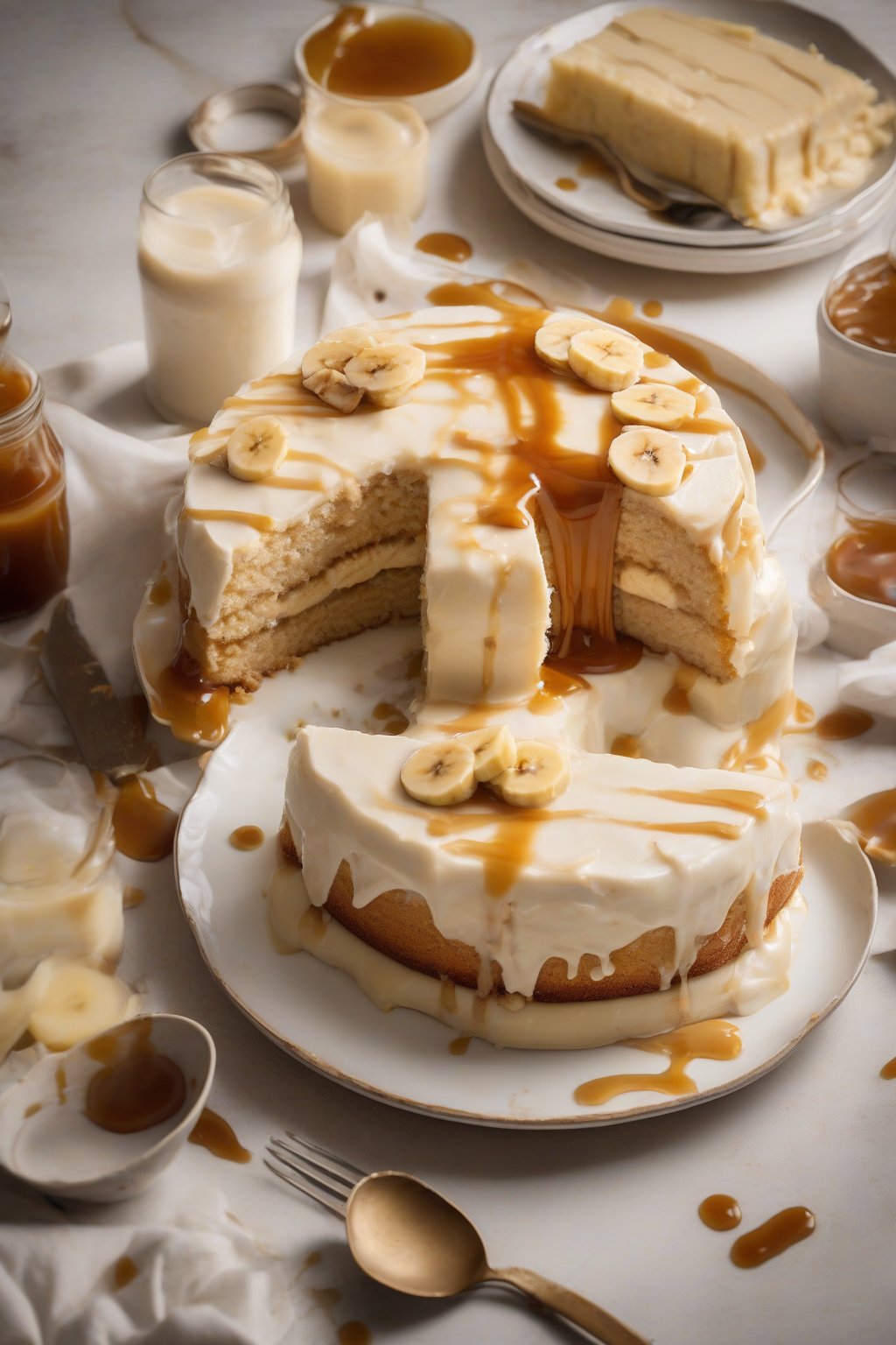 A high-resolution photo of banana tres leches cake with caramel drizzle and fresh slices, moist crumb in the center cut, under soft lighting.