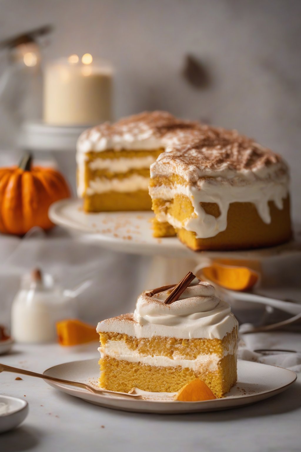 A high-resolution photo of pumpkin spice tres leches cake with nutmeg dusting and cream, orange-tinged milky slice, under soft lighting.
