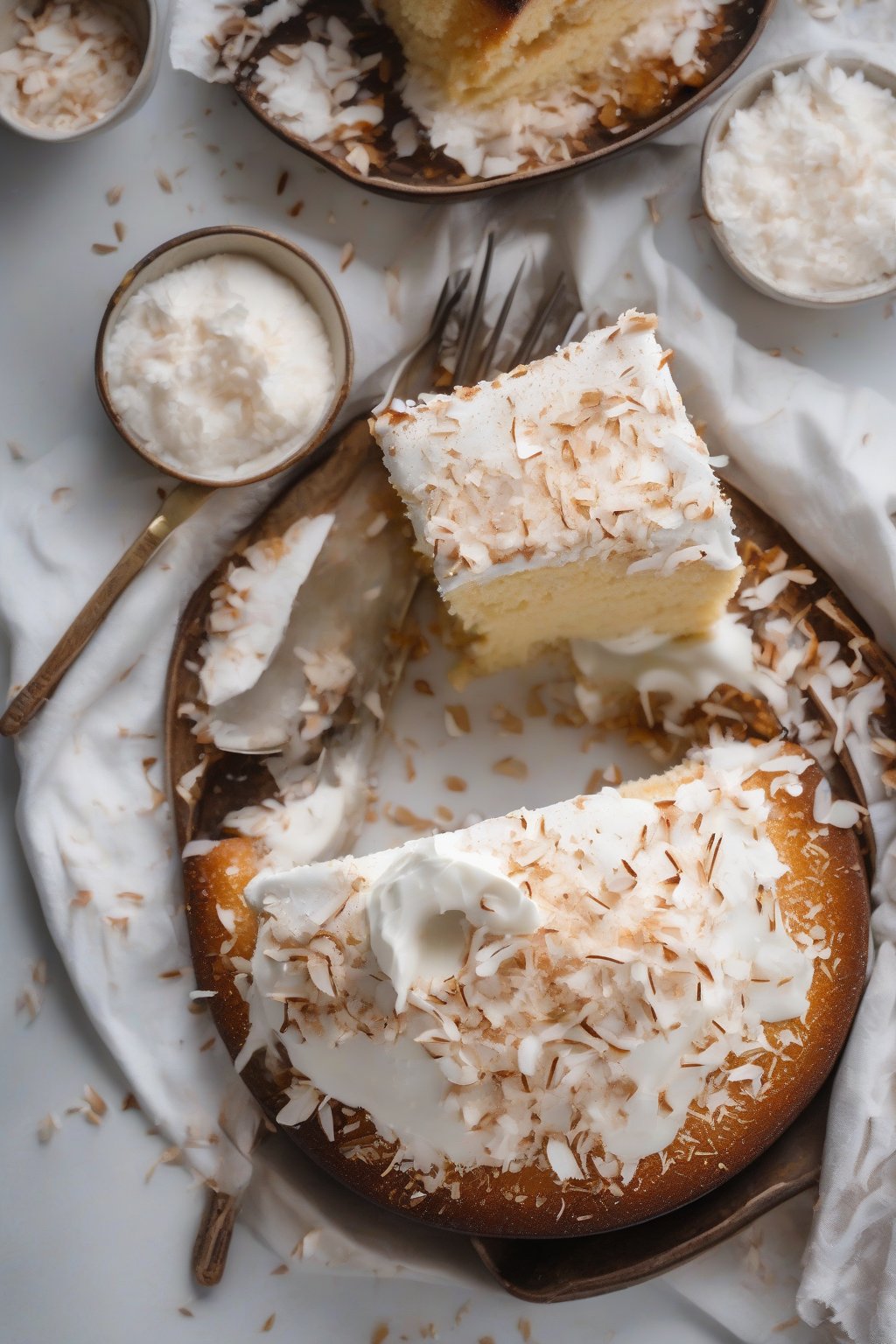 A high-resolution photo of vegan tres leches cake topped with coconut flakes and fluff, plant-milk soak glistening, under soft lighting.