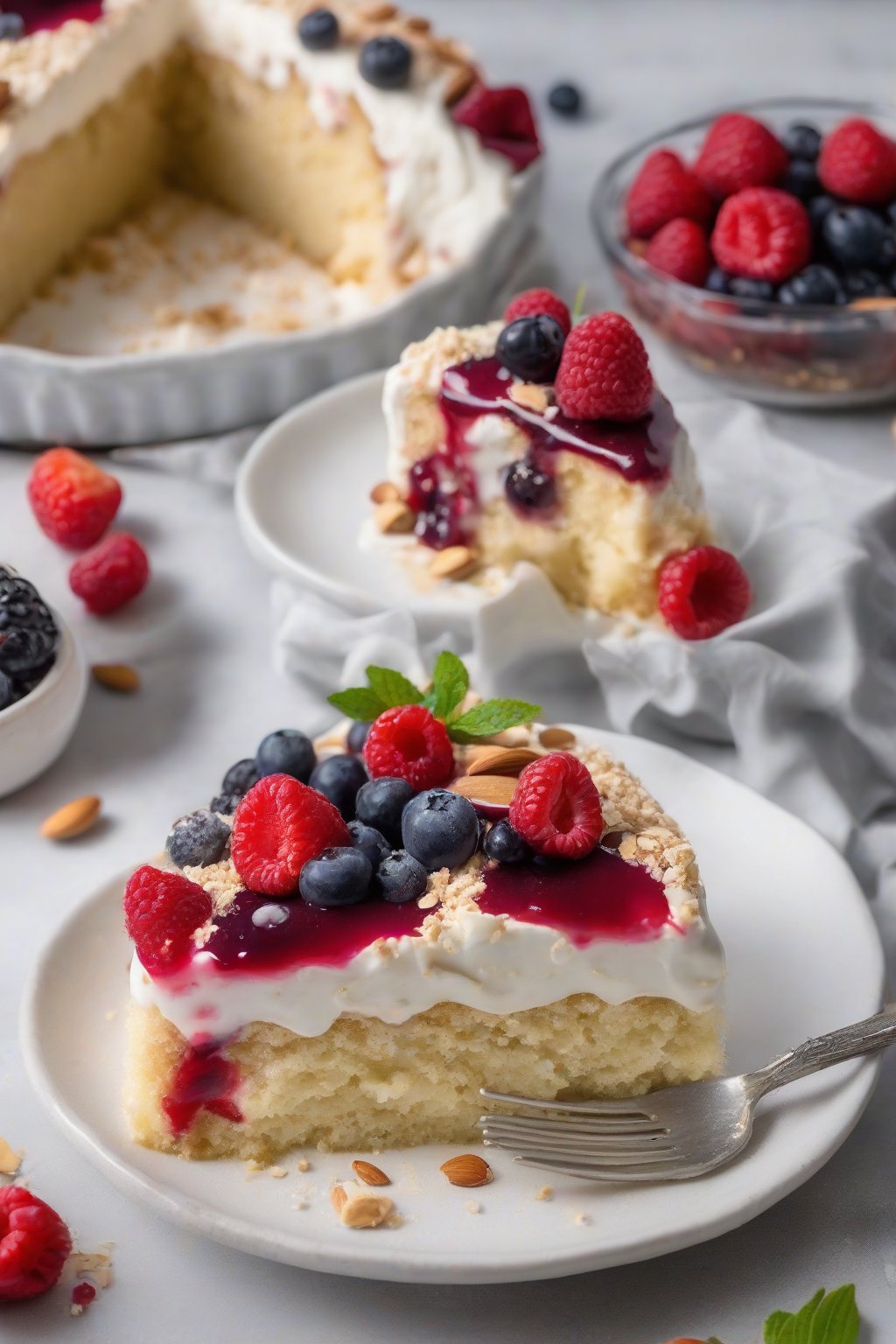 A high-resolution photo of gluten-free tres leches cake with berry topping, almond-flecked crumb and milky pool, under soft lighting.