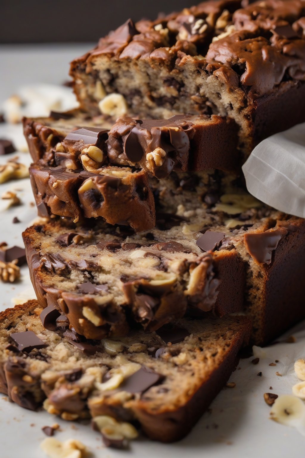 A high-resolution photo of a sliced loaf of chocolate chip walnut banana nut bread, oozing melted chocolate, under soft lighting.