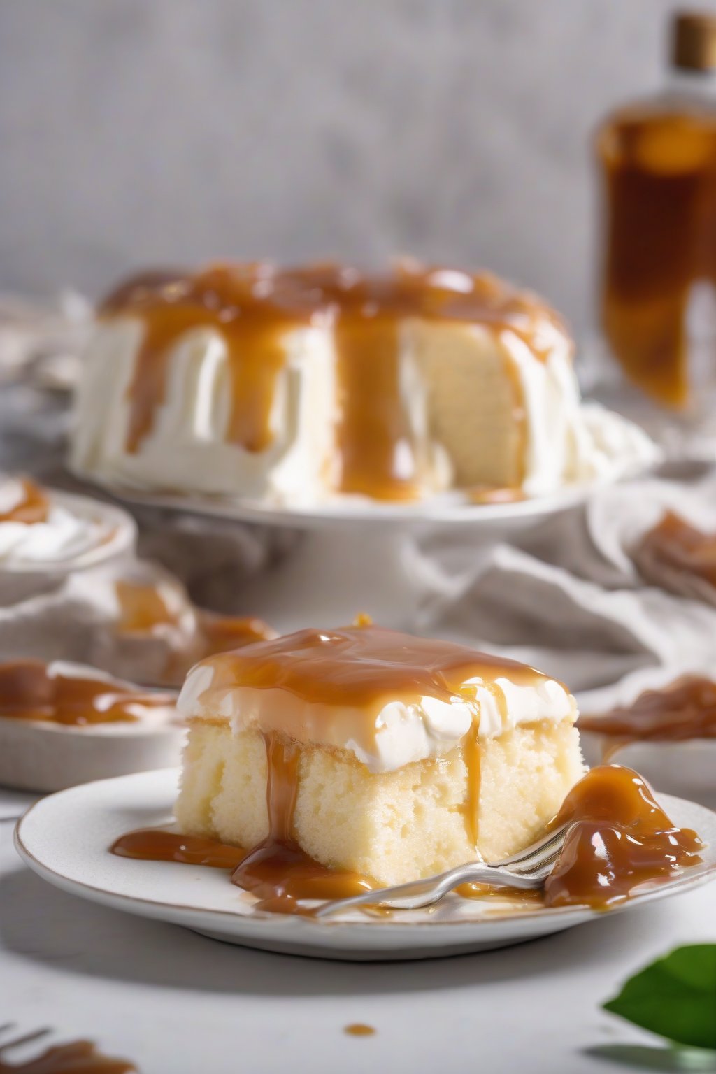 A high-resolution photo of rum tres leches cake drizzled with caramel-rum sauce, slice showing boozy shine, under soft lighting.