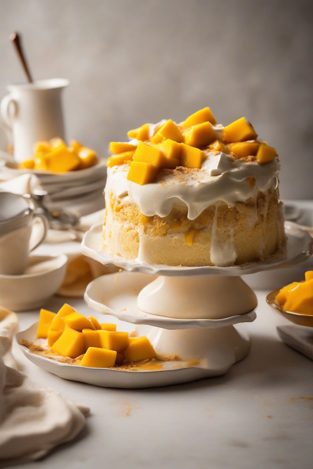 A high-resolution photo of mango tres leches cake piled with fresh chunks, golden soak and cream, under soft lighting.