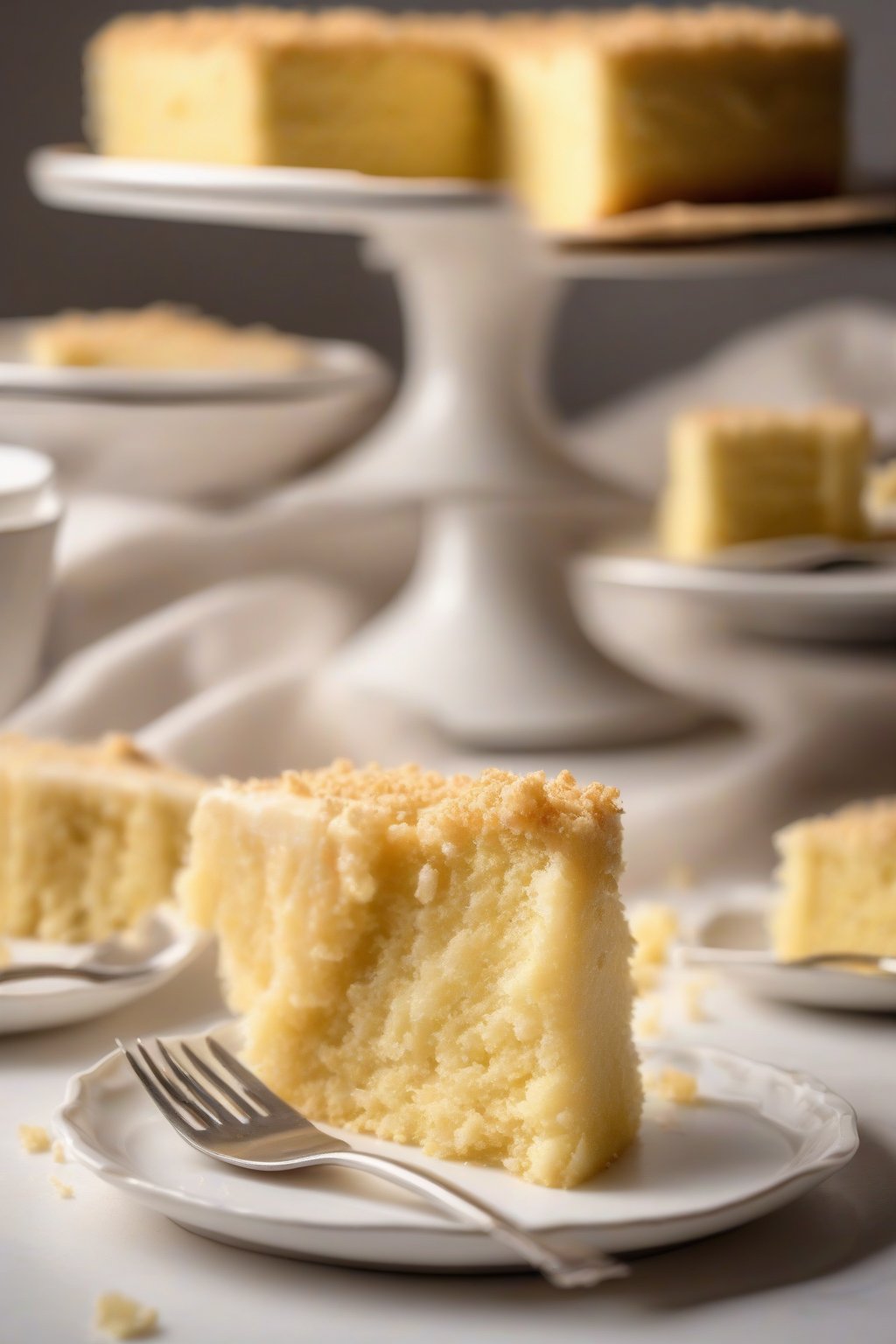 A high-resolution photo of a sliced classic buttermilk moist yellow cake on a white cake stand, golden crumb visible, under soft lighting.