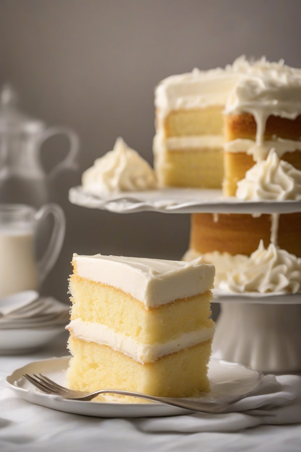 A high-resolution photo of sour cream moist yellow cake layers stacked with frosting, fork cutting a moist slice, under soft lighting.
