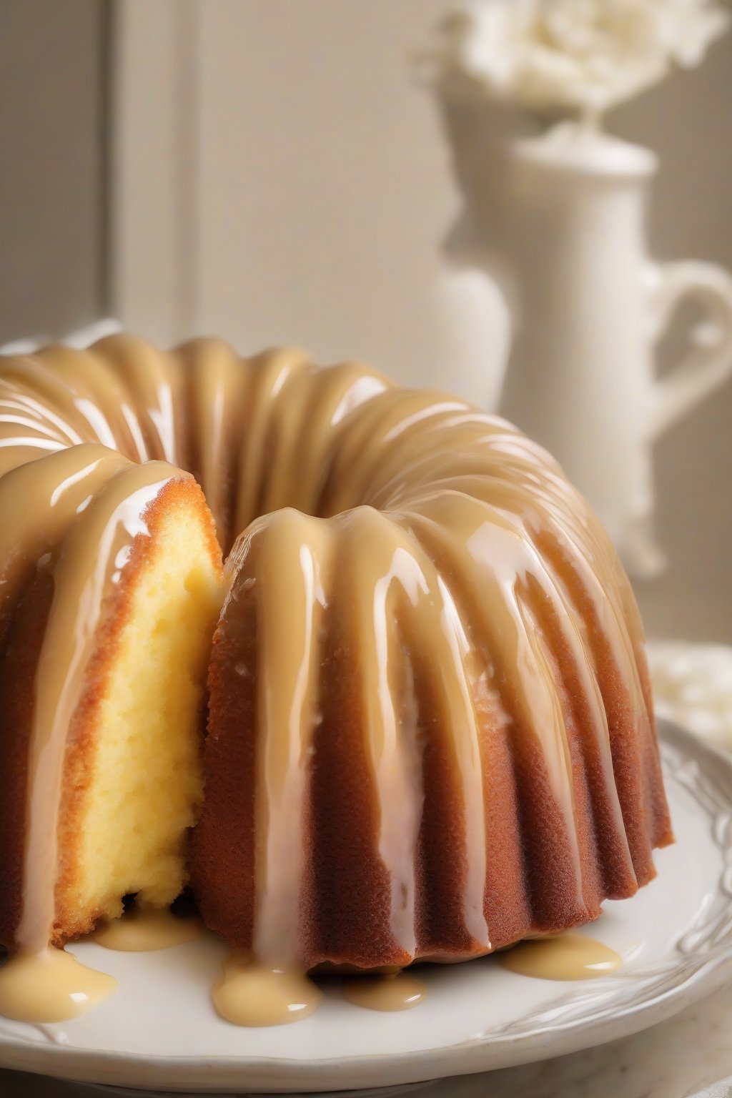 A high-resolution photo of a bundt instant pudding moist yellow cake drizzled with glaze, shiny surface, under soft lighting.