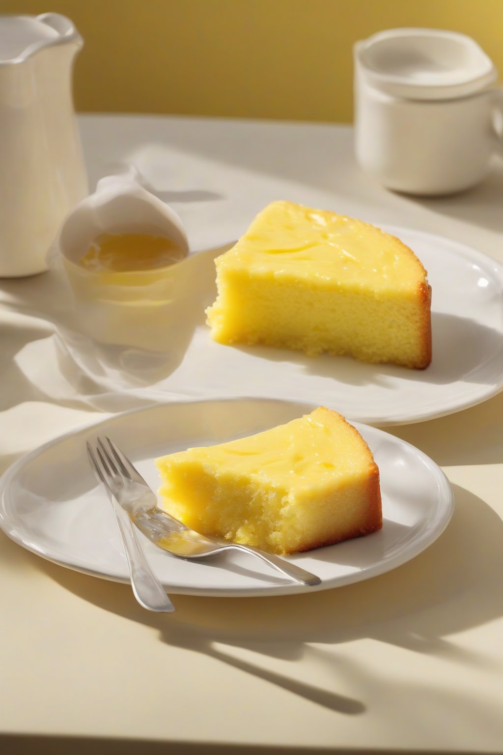 A high-resolution photo of oil and yogurt moist yellow cake on a plate, vibrant yellow interior exposed, under soft lighting.