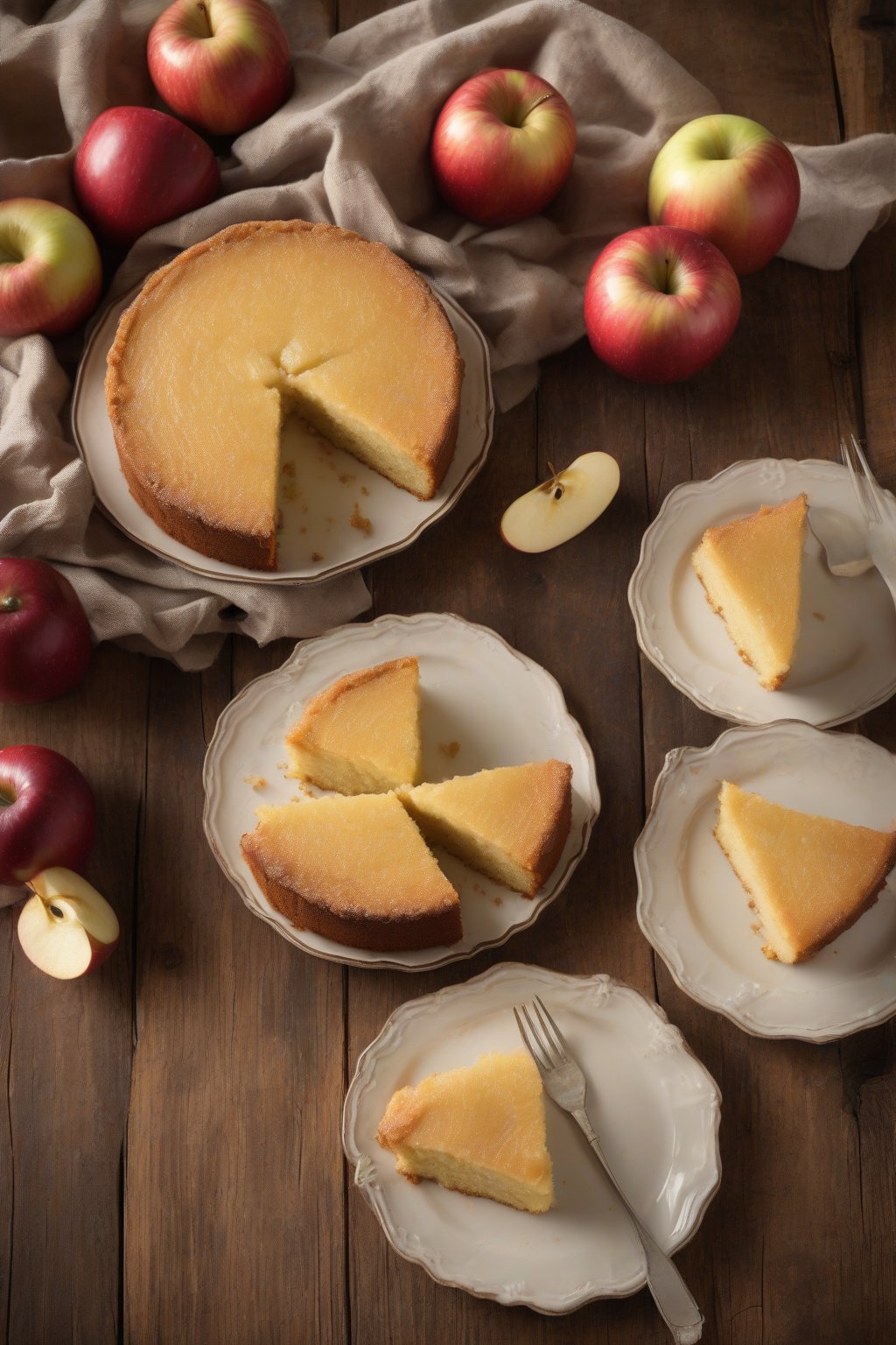 A high-resolution photo of applesauce moist yellow cake with apple slices on top, rustic wooden background, under soft lighting.