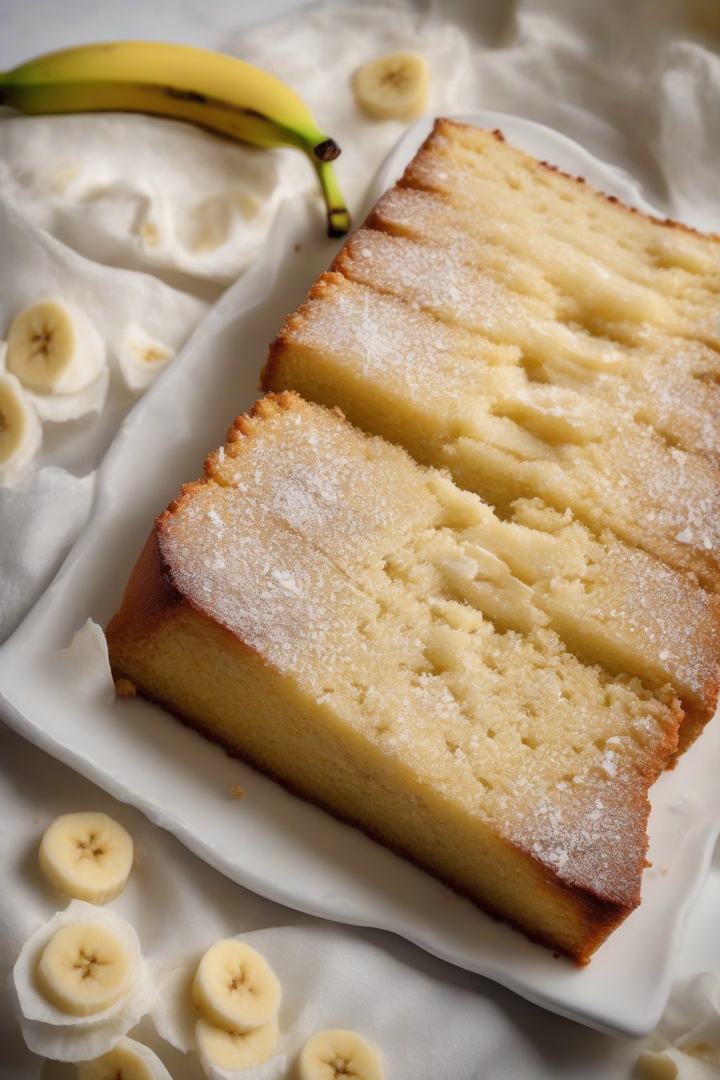A high-resolution photo of banana moist yellow cake sliced showing banana flecks, powdered sugar dusting, under soft lighting.