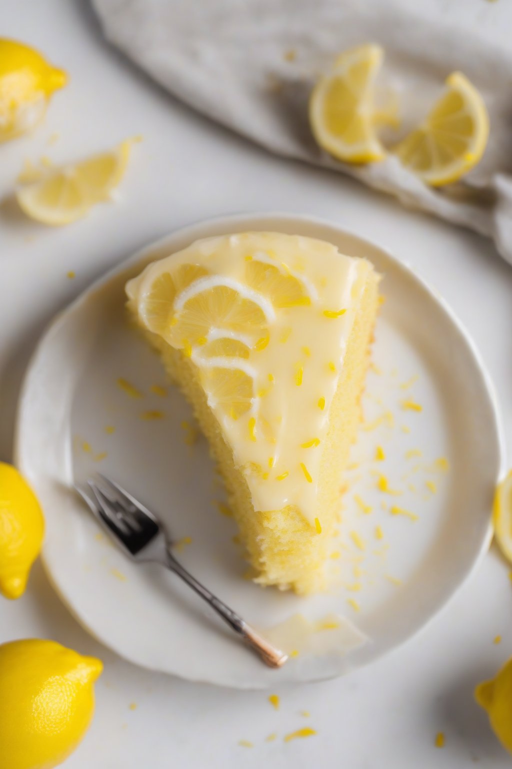 A high-resolution photo of lemon zest moist yellow cake with lemon slices garnish, glossy glaze, under soft lighting.