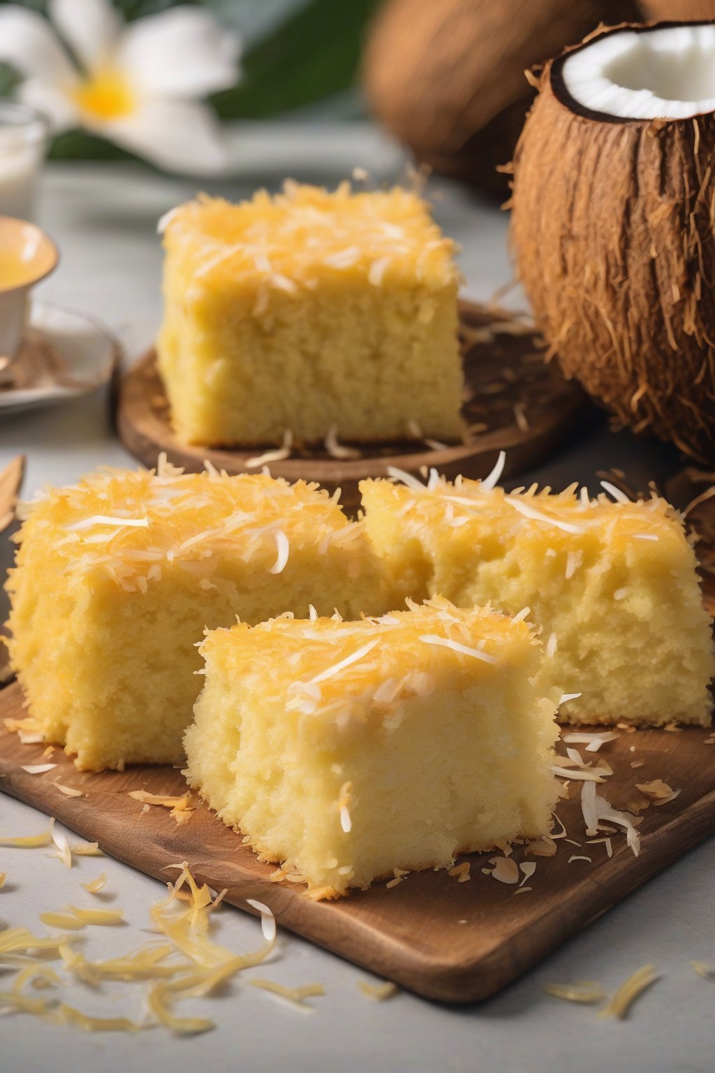 A high-resolution photo of coconut oil moist yellow cake topped with shredded coconut, tropical vibe, under soft lighting.