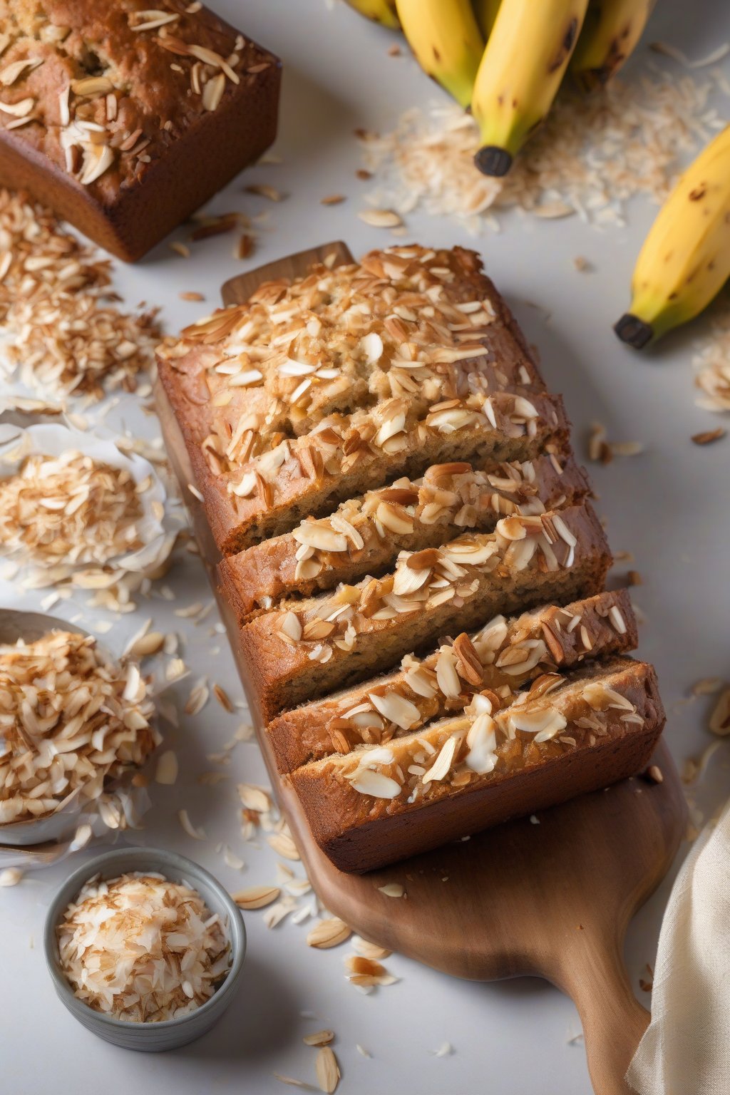A high-resolution photo of tropical coconut pineapple banana nut bread, topped with toasted coconut flakes, under soft lighting.