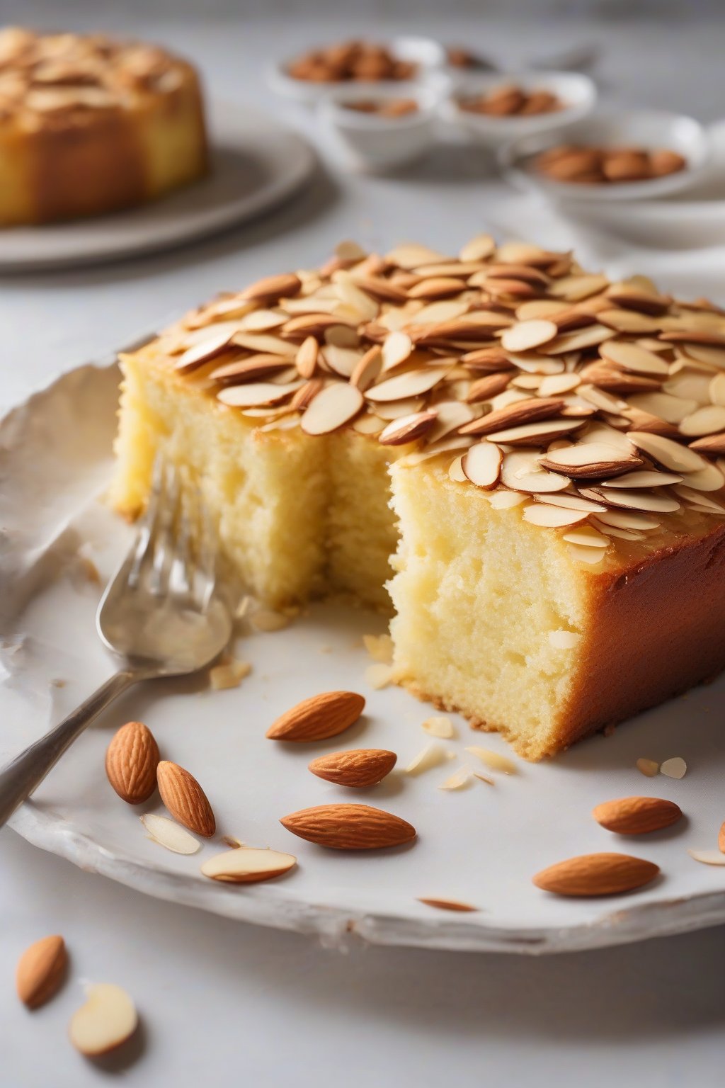 A high-resolution photo of almond moist yellow cake with sliced almonds on top, elegant slice, under soft lighting.