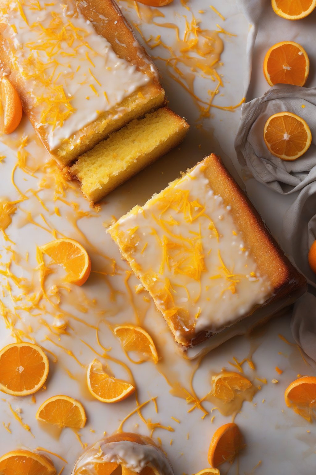 A high-resolution photo of orange moist yellow cake soaked with glaze, orange zest sprinkle, under soft lighting.