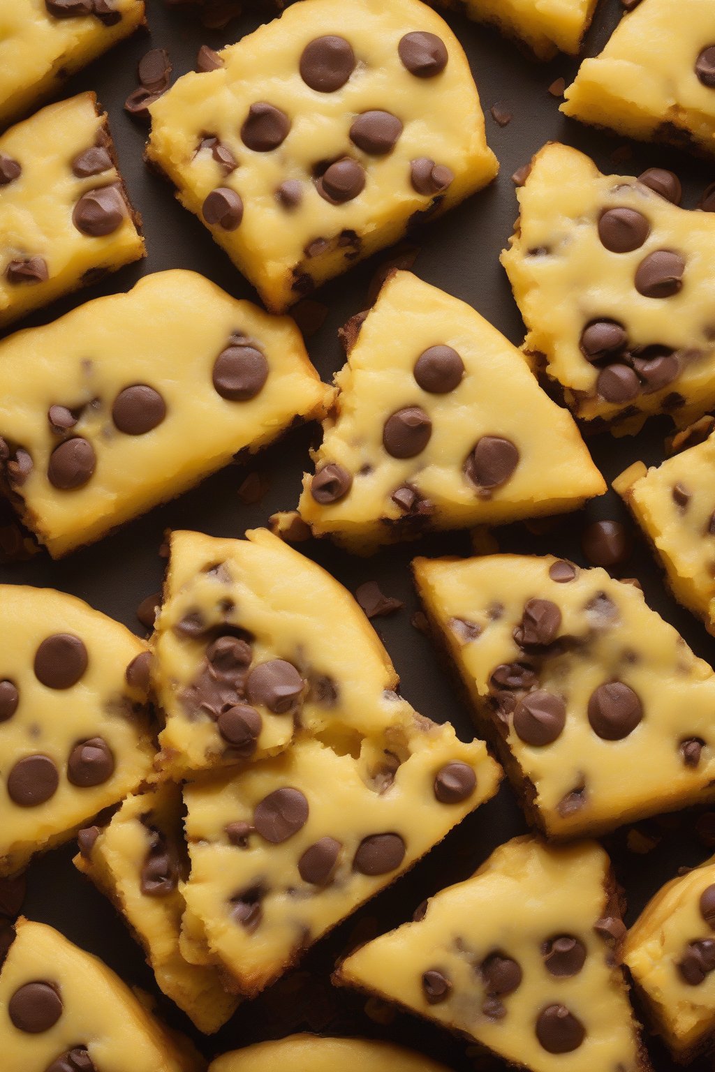 A high-resolution photo of chocolate chip moist yellow cake warm from oven, melty chips visible, under soft lighting.