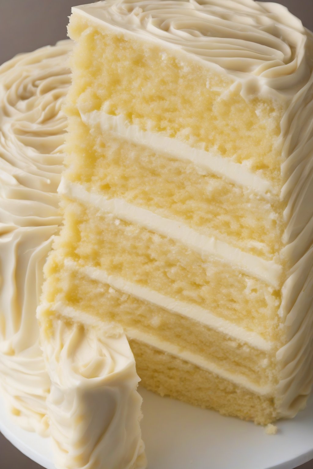 A high-resolution photo of cream cheese swirl moist yellow cake cut to show ribbons, creamy interior, under soft lighting.