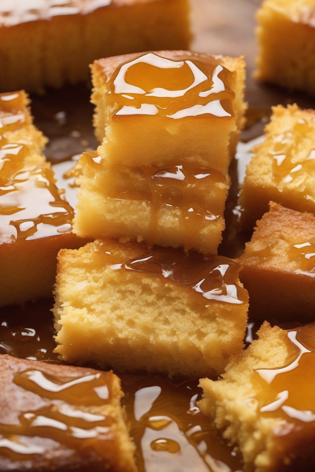 A high-resolution photo of honey moist yellow cake with honey drizzle, golden hue, under soft lighting.