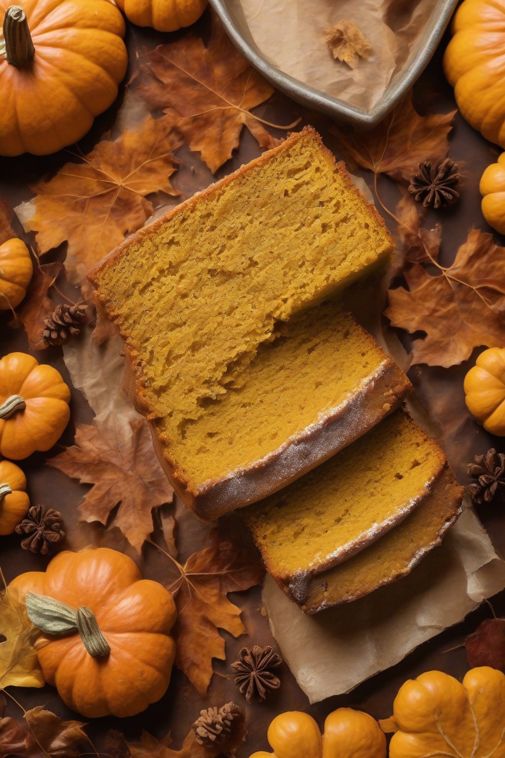 A high-resolution photo of pumpkin moist yellow cake with spice dusting, autumn leaves backdrop, under soft lighting.