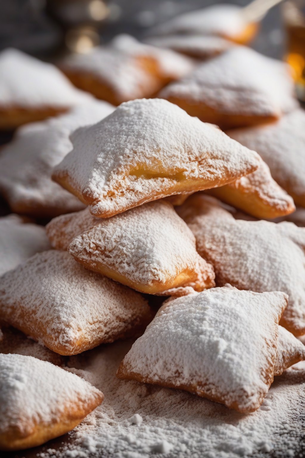 A high-resolution close-up photo of classic golden beignets piled high with powdered sugar under soft lighting.