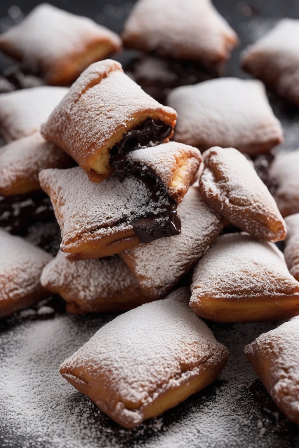 A high-resolution close-up photo of chocolate-filled beignets oozing ganache with powdered sugar dusting under soft lighting.