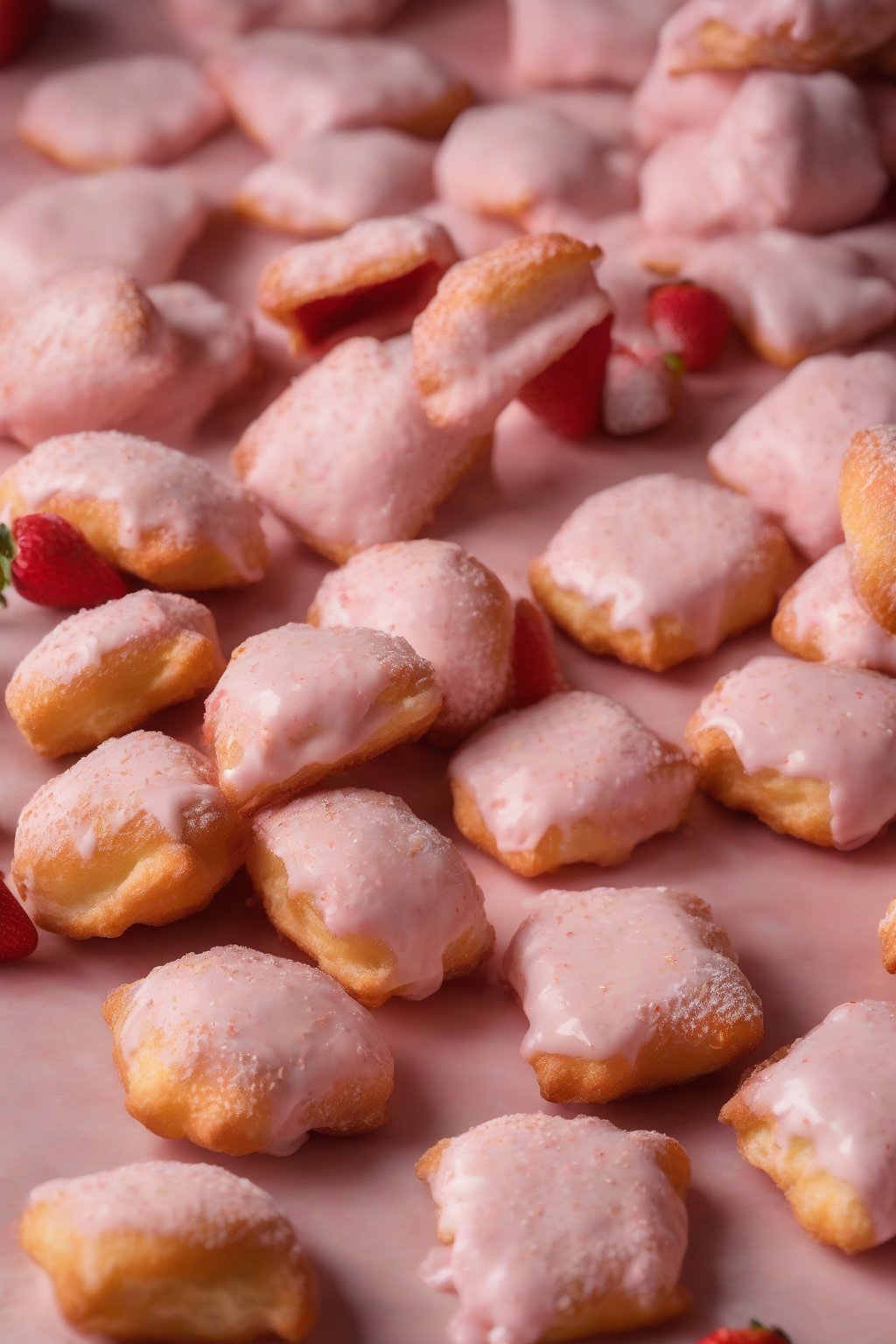 A high-resolution close-up photo of strawberry-speckled beignets with a light pink glaze under soft lighting.