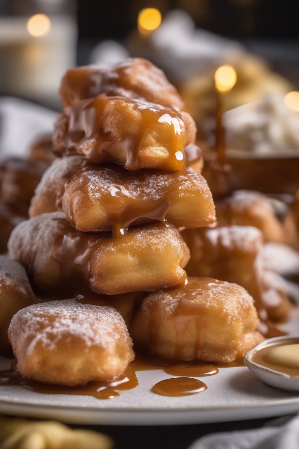 A high-resolution close-up photo of banana foster beignets drizzled in caramel under soft lighting.
