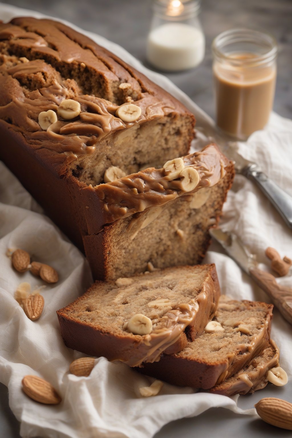 A high-resolution photo of peanut butter banana nut bread with visible peanut chunks and a creamy swirl, under soft lighting.