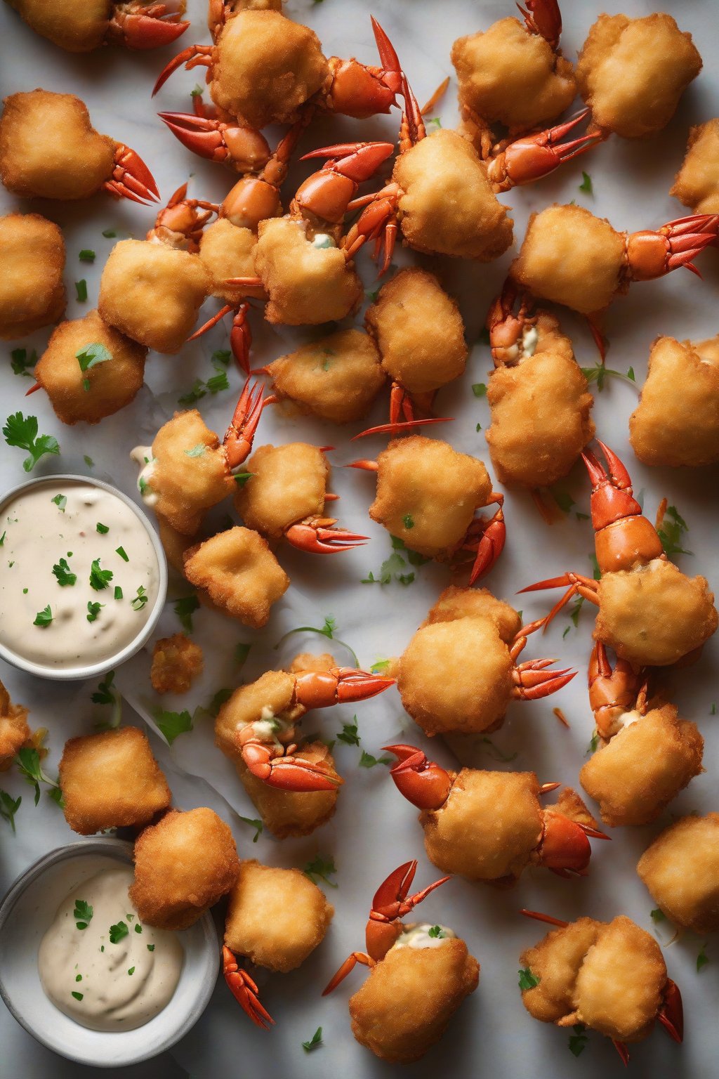 A high-resolution close-up photo of golden crawfish beignet bites with remoulade dip under soft lighting.
