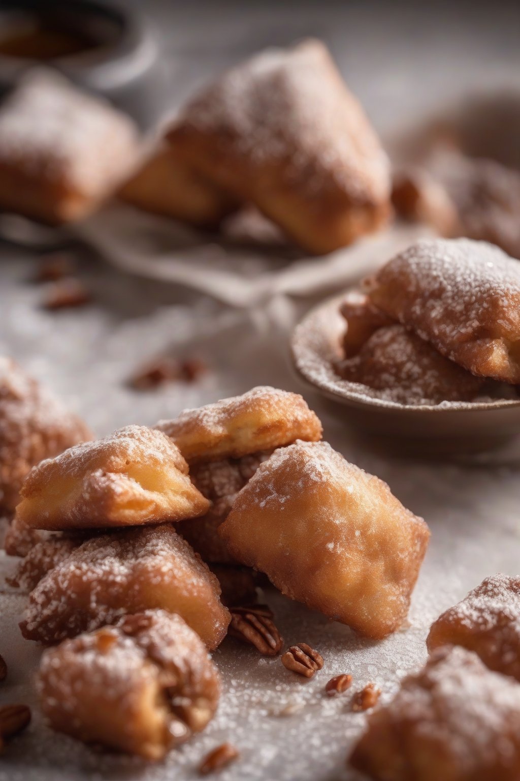 A high-resolution close-up photo of pecan-studded praline beignets with cinnamon sugar under soft lighting.
